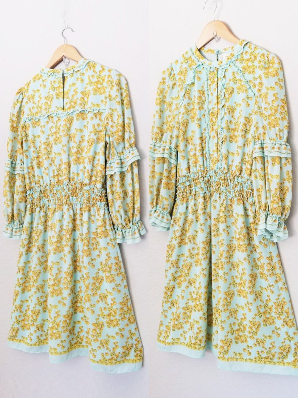 Max Studio London Ruffle Floral Midi Dress M Mint Blue Yellow Romantic Crepe